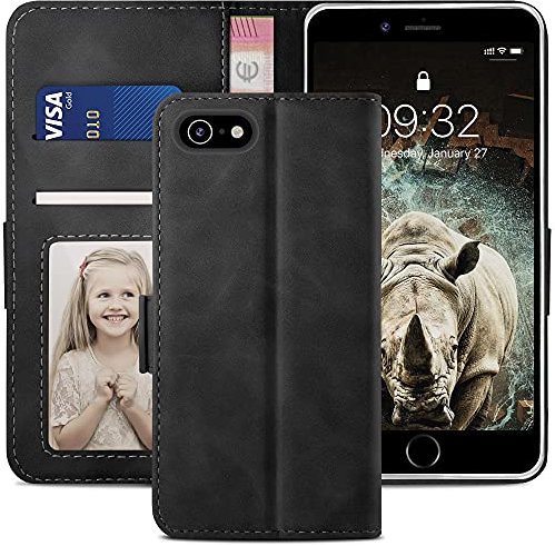 YATWIN Handyhülle Kompatibel mit iPhone SE 2022 Hülle, Klapphülle iPhone 8/7/SE Premium Leder Brieftasche Schutzhülle [Kartenfach] [Magnet] [Stand] Handytasche Case für iPhone 8/7/SE Case, Schwarz