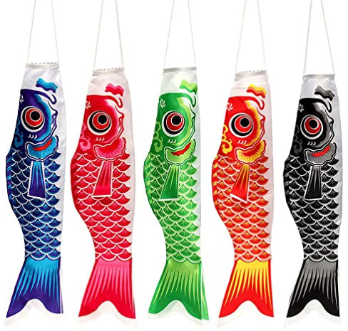 Angoily 5PCS Karpfen Fisch Windsack Traditionellen Japanischen Stil Wind Directional Fisch Anime Satin Flagge Zeichen Hängen Segelfisch Willkommen Banner für Home Shop 70cm