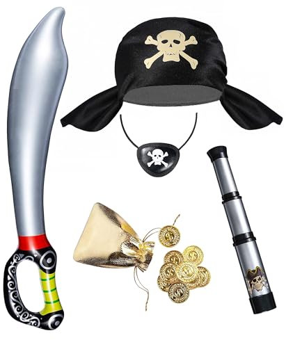 Fairycos Piratenkostüm Kinder Jungen Pirat Piraten Kostüm zubehör Augenklappe Hut Fernrohr Piratensäbel Goldmünze