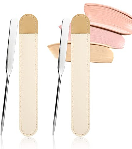 Runmeihe 2PCS Makeup Spatula for Foundation, Stainless Steel Reusable Foundation Spatula with Leather Cover, Professional Make Up for Korean Makeup, Cosmetics, Mixing