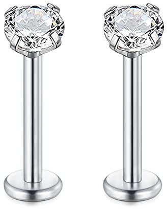 Rajnard Lippenpiercing Stud Chirurgenstahl Silber Helix Cartilage Tragus Daith Rook Ohrringe Piercing Labret 16G Innengewinde 10mm Piercing Schmuck mit 4mm Zirkon für Frauen Männer