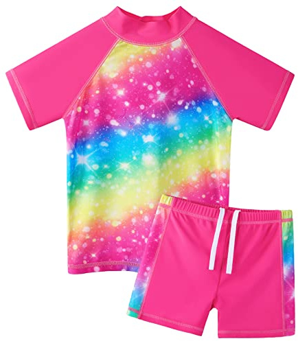 ZNYUNE Girls 2PCS Swimsuit Short Sleeve Kids BeachSwimming Set Costume for 3-12Years