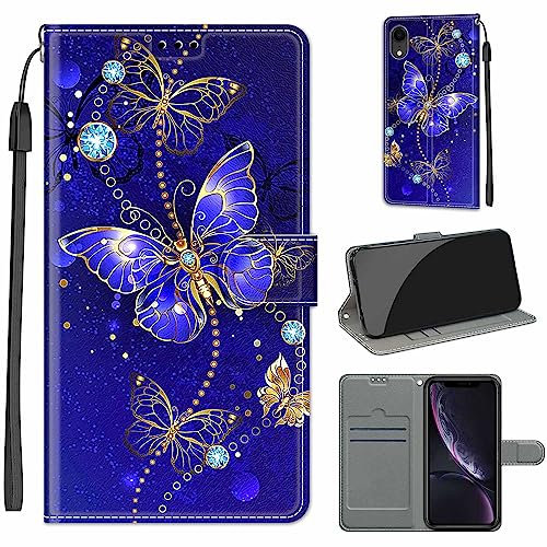for iPhone XR Case, PU Leather Wallet Book Flip Folio Stand View Cover Pouch Compatible with iPhone XR Phone Case (Blue Butterfly)