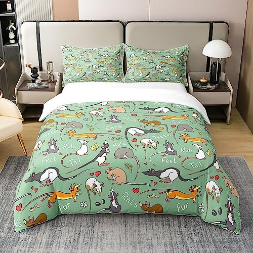 100% Gewaschene Baumwolle Kinder Ratte Bettwäsche Set,Maus Nagetier Bettbezug 135x200,Lustige Tier Liebe Herz Tröster Abdeckung für Jungen Schlafzimmer,Cartoon Stil Quilt Cover Dekorative Zimmer,Grün