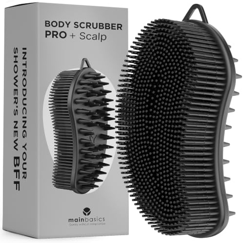 MainBasics Scrubber per il corpo in silicone a doppio lato, nero, cuoio capelluto | Scrubber doccia e massaggiatore per cuoio capelluto, alternativa delicata in luffa in silicone per una pulizia profonda