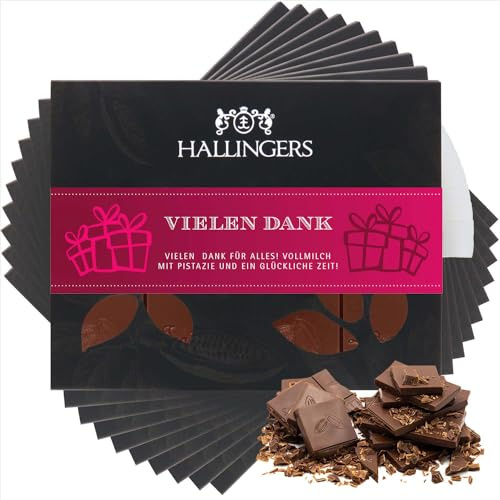 Hallingers Genuss Manufaktur Schokolade Weihnachts-Geschenk - Tafel Edelkakao handgeschöpft ohne Alkohol edler Karton 10x Vielen Dank Pistazie-Amaretto, Weihnachten für Frauen Männer