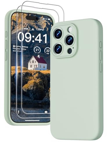 GOODVISH 3 en 1 Funda para iPhone 15 Pro MAX Silicona, Carcase con 2X Templado Protectora, Completo 360 Protección la Pantalla y la Cámara AntiChoques iPhone 15 Pro MAX Case 6,7, Verde Claro