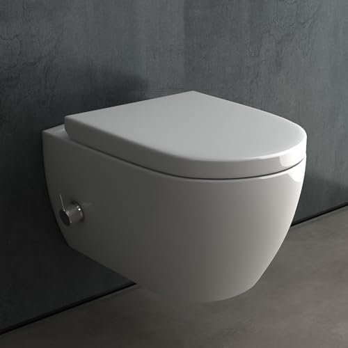 Alpenberger Toilette mit Bidet Funktion | Dusch WC Set | Kloschüssel mit Armatur und Taharet Muslugu | Toilettendeckel mit Absenkautomatik | Hänge WC mit Intimdusche Passend Geberit (7150 U)