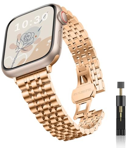 Niboow Mujer Correa para Apple Watch 38mm 40mm 41mm 42mm Series 11/10/9/8/7/6/5/4/3/2/1, Mujer Acero Metal Pulsera Correa de Repuesto para Apple iWatch SE 3/SE 2-Oro Rosa