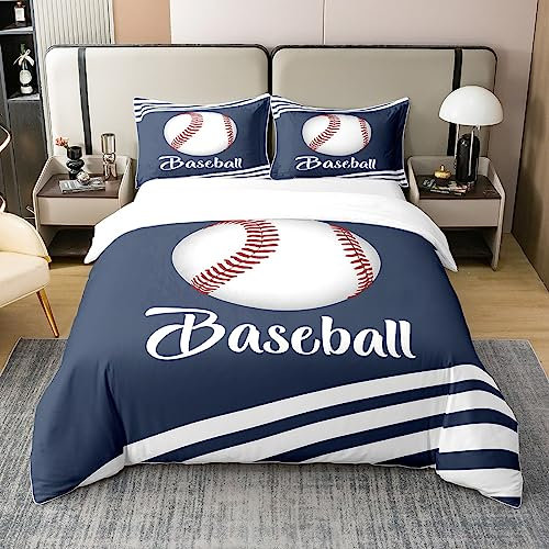 Loussiesd Baseball 100% Baumwolle Bettwäsche Set 135x200cm Sports Game Bettbezug Set Baumwolle Decor Baseball Gaming Betten Set Geschenk für Baseball Lover Blau Bettwäsche-Setchlafzimmer