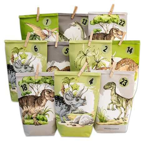 Papierdrachen Adventskalender 2024 für Kinder - 24 bedruckte, nachhaltige Geschenktüten mit Dino-Motiv in Grün & Grau - inkl. Holzklammern - DIY Set zum Befüllen für Weihnachten
