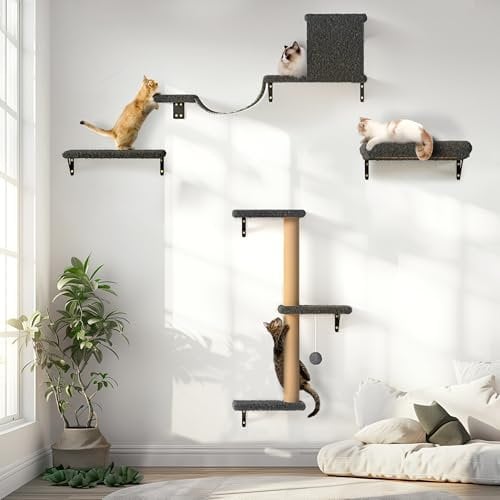 FUKUMARU Kletterwand Katzen Set, 10-teilig Katzen Kletterwand Set, aus robuster Multiplexplatte,Hängematte Katze mit Katzenhaus, Katzenbrücke, Katzenbaum, Katzentreppe bis zu 18 kg, Grau