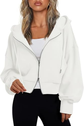 Fisoew Damen Sweatjacke mit Kapuze Langarm Hoodie mit Zweiwege Reißverschluss Crop Kapuzenpullover(Weiß,L)