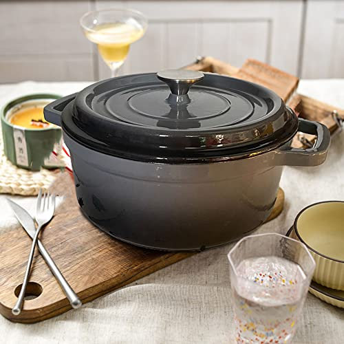 QTANZIQI Cast Iron Round Casserole Dishes with Lids Oven Proof, Cast Iron Pot Hob with Lid – Non-Stick Ovenproof Enamelled Casserole Pot – Sturdy Dutch Oven Cookware Gray 24cm