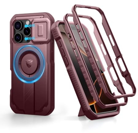 Dexnor Funda Magnética para iPhone 16 Pro con Tapa Deslizante de Cámara & Soporte Ajustable & Película Protectora de Pantalla Incorporada, Carcasa Fuerte Parachoques - Mágico Rojo
