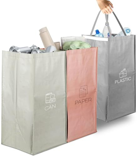 BORDEAG 3 Sacs de Tri Sélectif, Poubelle Tri Selectif 3 Bac, Poubelle de Tri pour Papier, Déchets et Recyclage, Poubelle de Recyclage Durable, Idéal pour Recyclage Plastique, Verre et Papier