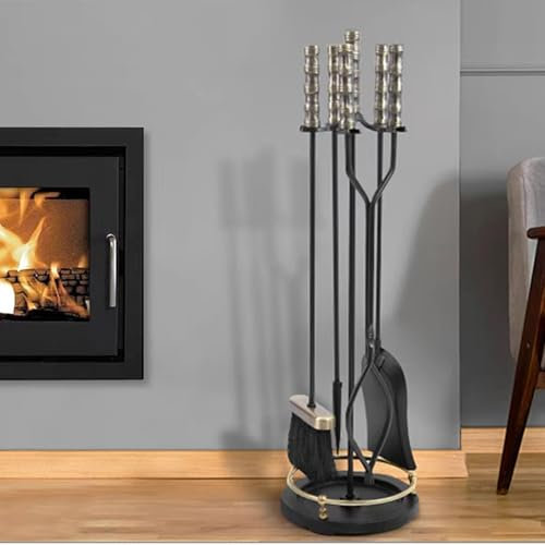 MREGLHUI Juego De 5 Herramientas para Chimenea,32In,Negro Hierro Forjado Gran Juego De Herramientas para Fuego Y Soporte para Exterior para Fogata para Interior Rústico con Tenazas,Negro,29.9in
