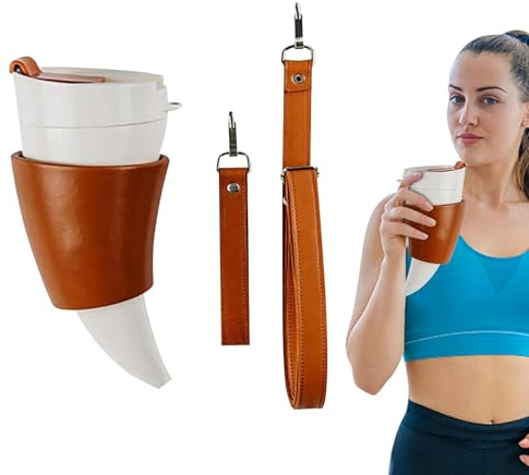 Thermobecher, Ziegenhorn-Kaffeetasse, 237 ml Hornbecher, V-iking-Trinkbecher mit Deckel und verstellbarem Schultergurt, auslaufsicheres Trinkhorn, Edelstahl, isolierter Kaffeebecher für Wasser, Tee,