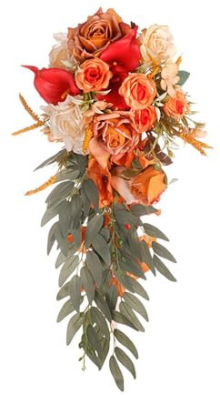 Fenteer Hochzeitsstrauß Kaskadierender Brautstrauß Tropfenförmiger Strauß Orange Wasserfall Hochzeitsblume Künstlicher Blumenstrauß