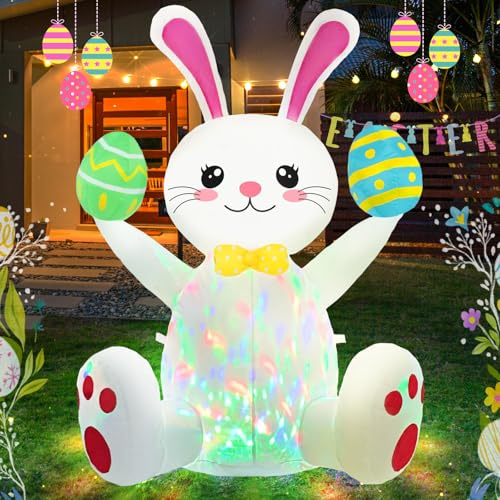 Ahititi Aufblasbare Oster-Dekorationen für den Außenbereich, niedlicher aufblasbarer Hase, hält Eier, aufblasbarer Hof mit LED-Licht, bunt, fröhliches Kaninchen, aufblasbar, für draußen, Urlaub, Party