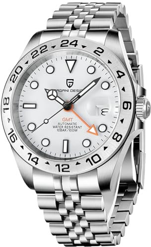 Pagani Design herrenuhr automatik GMT Business Sports Mechanisch Herrenuhren Wasserdicht 100M Analogue Edelstahl Armbanduhr für Männer (Silver)