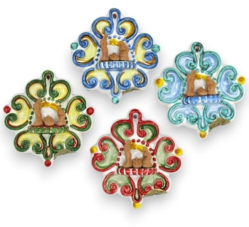SICILIA BEDDA CAPACI Acquasantiera in Ceramica Siciliana, Forma barocca con Natività, h 8 x 7 cm ca. (1pz) Colore Casuale