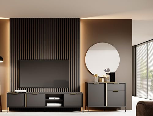 KEF-MEBLE Lucas Wohnzimmermöbel-Set – Kommode 103,3x81,4x39,5 cm – TV-Schrank 202,9x53,4x39,5 cm – Fernsehtisch – Moderne Möbel aus Laminierter Spanplatte