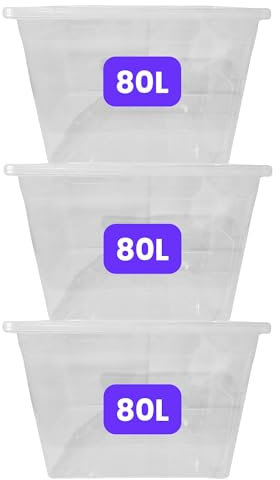 KAPCO Large Storage Box with Lid – 3 x 80L Clear Plastic Containers – Stackable Nesting Storage Bins for Clothes, Toys, Kitchen, Garage, Home & Office – BPA-Free, Made in UK, Heavy Duty Boxes
