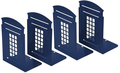 MerryNine Buchstützen, Metall-Buchstützen für Regale, Telefonzelle, dekorative Buchstützen, rutschfest, schwere Buchstützen, Bücher, Zeitschriften oder CD-Organizer für Zuhause und Büro, Blau, 4 Stück