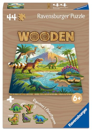 Ravensburger Puzzle Dinosaurier Welt - 44 Teile Holzpuzzle ab 4 Jahre | 44 Teile Holzpuzzle, Mit 5 Whimsies und 5 Holzspielfiguren, Kinderpuzzle ab 6 Jahre, Ravensburger Qualität