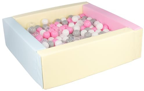 Velinda Piscine à balles carrée avec 300 balles, Cuir écologique, 5 éléments (Couleur de la Piscine/de balles: Rose, Bleu, Jaune (Pastel)/Blanc, Transparent, Rose Clair, Gris)