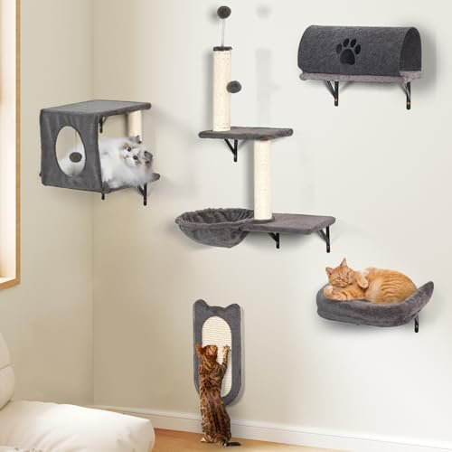 Cat Wall Shelves, 7PCS Wall Mounted Cat Climbing Frame Set,Stable Large Cat Wall Furniture Set, Tree for Indoor with Cats Scratching Posts, Steps, Play Towers, Shelf and House -Dark Grey
