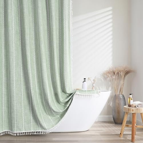 meioro Gestreifter Duschvorhang Boho Bauernhaus Duschvorhänge, Leinen gewebter Stoff Textil Duschvorhang Set mit 12-Haken, Wasserdicht Rustikale Böhmische Duschvorhange für Badezimmer(Grün,183x183cm)