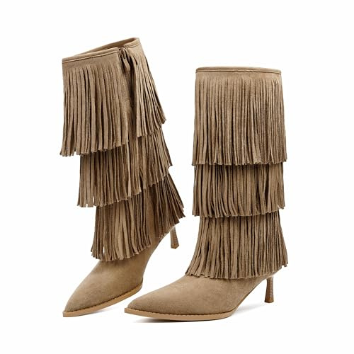 Vertundy Women's Fringe Boots Kitten Heel Pointed Toe Mid Calf Boots Tassels Design Fashion Suede Heeled Shoes, Tan, 6 UK