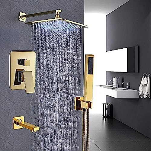 Agteruo Ensemble de Douche à Effet Pluie avec éclairage LED, mitigeur 3 Voies, Robinet de Baignoire avec douchette à Main, Couleur Or (10 et 16 Pouces)