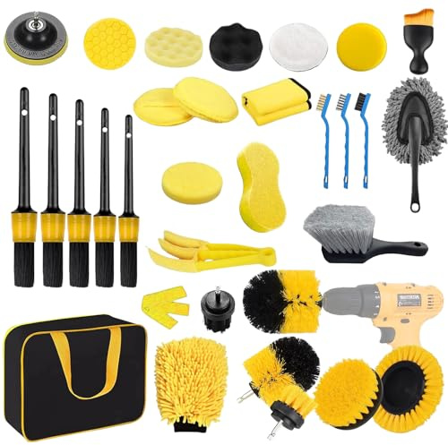 MEETOZ Kit de nettoyage de voiture 32 pièces, kit de lavage intérieur et extérieur avec sac, brosses professionnelles de nettoyage intérieur, pour voiture, moto, vélo, extérieur, roues, tableau de