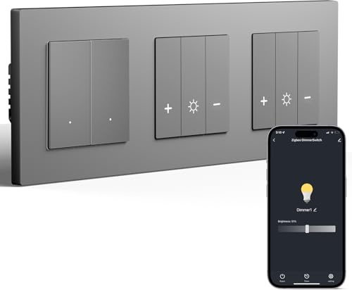 BSEED Zigbee Lichtschalter mit Doppel Dimmschalter, Smart Dimmer Schalter Unterputz Kompatibel mit Alexa/Google Home/Smart Life, PC Rahmen, benötigt Nullleiter & Zigbee-Gateway, 2 Fach 1 Weg, Grau
