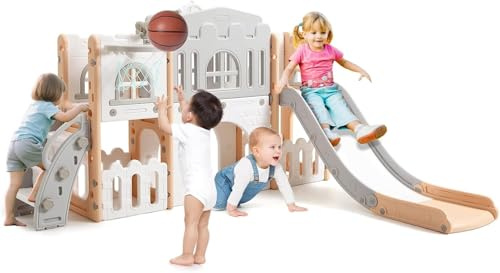 8 en 1 Toboggan pour Tout-Petits,avec Panier de Basket-Ball, Télescope et Tunnel,Ensemble Toboggan Exterieur Enfant, Aire de Jeux Intérieure et Extérieure pour de 3 à 10 an Enfants,Orange Gris