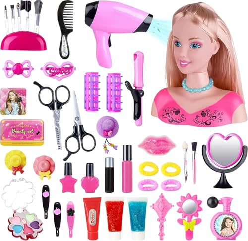 Testa Bambola da Truccare e Pettinare per Bambini: Set Parrucchiere per Bambini Trucco Hair Styling con Testa da Bambola e Set di Accessori - Giocattolo Compleanno per Ragazze 3 4 5 6 7 8 Anni (Set-6)