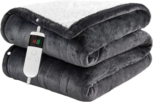 Qieryun Heated Twin 150×200cm Electric Blanket, 10 Heating Settings, 1-8h Timer overheat Protection, Machine Washable, Flannel & Sherpa Full Body Warming, Electric Throw Blanket for Sofa