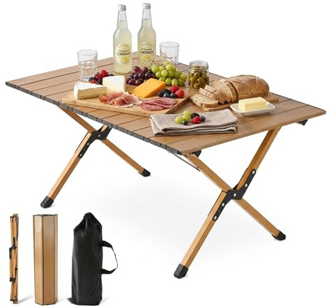 Relaxdays Campingtisch, klappbar, HxBxT:44 x 90 x 60 cm, Stahl & Kunststoff, Tragetasche, Holzoptik, Gartentisch, Natur