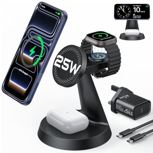 Meifigno 25W 3 in 1 Wireless Charging Station for iPhone Multiple Devices | Compatible with MagSafe Charger Stand, for iPhone 17 16 15 14 13 12 Pro Max/ Apple Watch/ AirPods Pro 3 2, with 45W Adapter