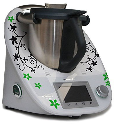 Aufkleber für den Thermomix TM5 & TM6 - Ranke mit Blumen schwarz matt & hellgruen