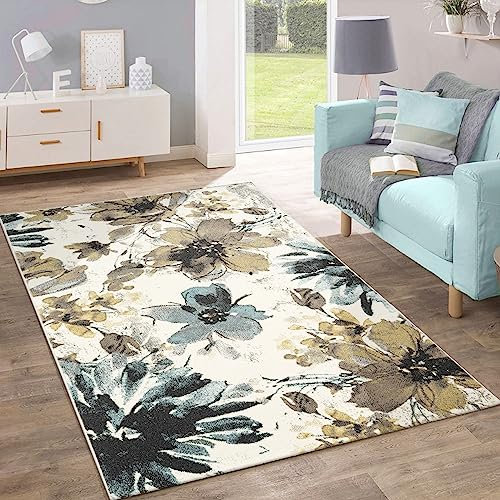 Paco Home Designer Teppich Modern Wohnzimmer Blumen Muster Pastell Töne In Grün Blau Creme, Grösse:70x140 cm