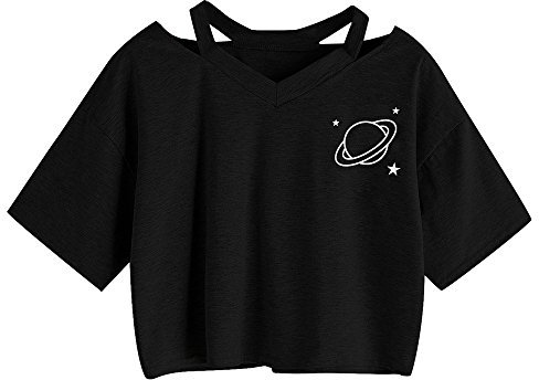Oberteile Frauen Sommer, Ulanda Teenager Mädchen Mode Crop Top Sport V-Ausschnitt Shirt Bluse Damen Casual Rose Stickerei Kurzarm T-Shirts Hemd Tops Pullover Sale (Schwarz 2, S)