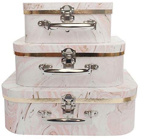 Emartbuy Pink Marble Decorative Suitcase Boxes Set of 3 – Prebuilt Cardboard Design with Metal Handle & Clasp – Organizer for Presents, Hampers & Decor – 30.2×21.9×9.5/25×18.8×8.8/20.2×16×8.2 cm