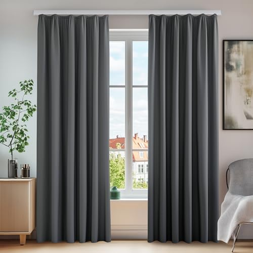 Deconovo Set of 2 Living Room Curtains Modern Design Ruffled Braid Balcony Window Interior Home Door Curtain Thermal Anti Cold Blackout 140 x 220 cm Dark Grey