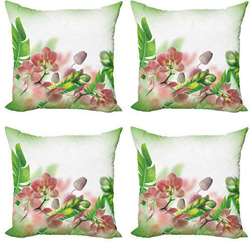 ABAKUHAUS Tropisch Dekokissen Kissenbezug 4er Pack, Orchideen-Blüten-Blätter, Modern Accent Doppelseitiger Digitaldruck, 40 x 40 cm, Pfirsich Grün