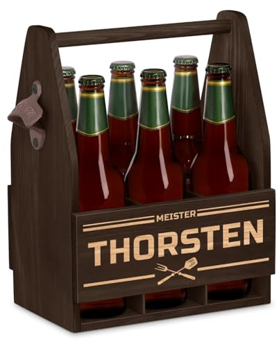 Maverton Bierträger für 6 Flaschen 0,5L mit Gravur | Männerhandtasche mit Flaschenöffner, Größe: 25x17x32cm, aus Holz, personaliserte Geschenke für Männer zum Geburtstag