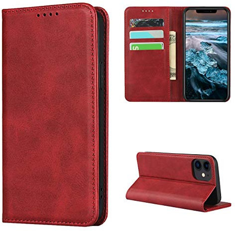 Copmob iPhone 12 Mini Case, Flip Wallet Leather Case [3 Slots] [Magnetic Closure] Flip Case Cover for iPhone 12 Mini – Red
